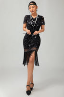 Load image into Gallery viewer, Sparkly Black Short Sleeves Sequins Flapper Dress with Fringes