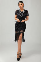 Load image into Gallery viewer, Sparkly Black Golden Sequins Flapper Dress with Fringes