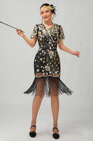 Load image into Gallery viewer, Sparkly Black Short Sleeves Sequins Flapper Dress with Fringes
