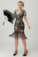 Load image into Gallery viewer, Sparkly Black Golden Sequins Flapper Dress with Fringes