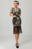 Load image into Gallery viewer, Sparkly Black Golden Sequins Flapper Dress with Fringes