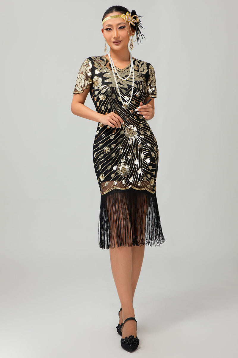 Load image into Gallery viewer, Sparkly Black Golden Sequins Flapper Dress with Fringes