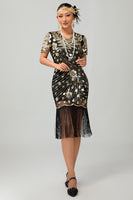 Load image into Gallery viewer, Sparkly Black Short Sleeves Sequins Flapper Dress with Fringes