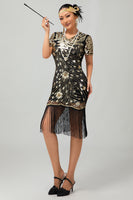 Load image into Gallery viewer, Sparkly Black Short Sleeves Sequins Flapper Dress with Fringes