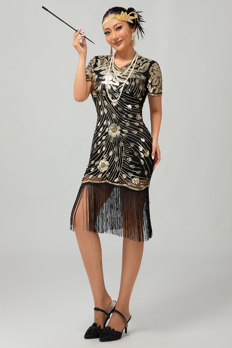 Load image into Gallery viewer, Sparkly Black Short Sleeves Sequins Flapper Dress with Fringes