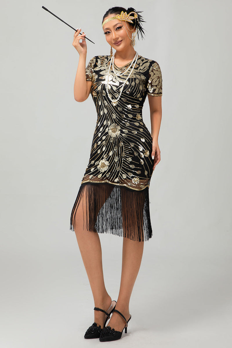 Load image into Gallery viewer, Sparkly Black Golden Sequins Flapper Dress with Fringes
