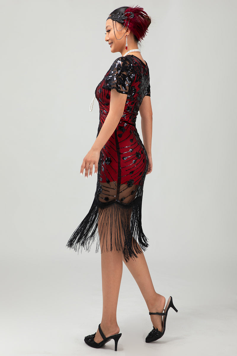 Load image into Gallery viewer, Sparkly Black Short Sleeves Sequins Flapper Dress with Fringes