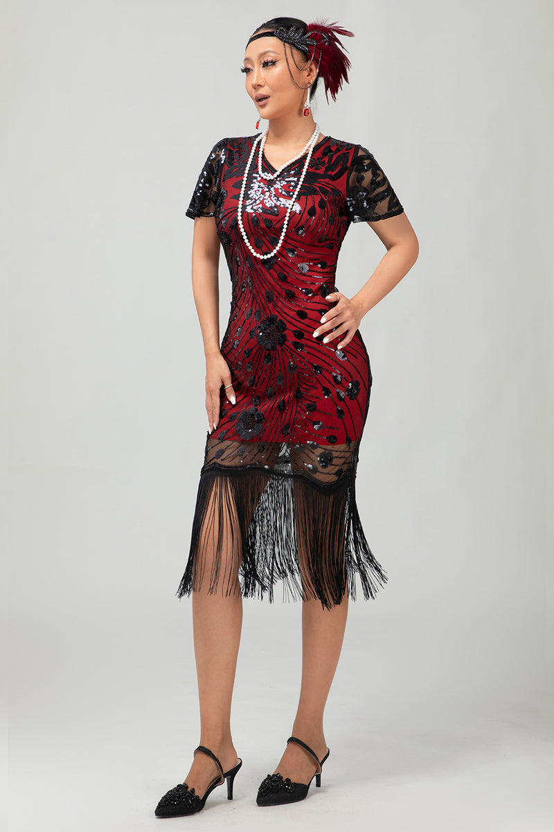 Load image into Gallery viewer, Sparkly Black Short Sleeves Sequins Flapper Dress with Fringes