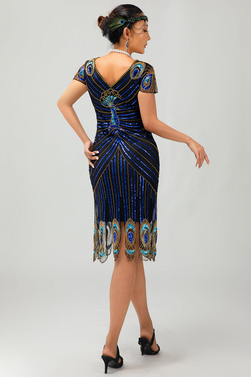 Load image into Gallery viewer, Sparkly Black Blue Bodycon Sequins Short 1920s Dress with Sleeves