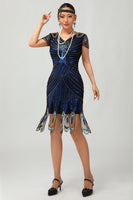 Load image into Gallery viewer, Sparkly Black Blue Bodycon Sequins Short 1920s Dress with Sleeves