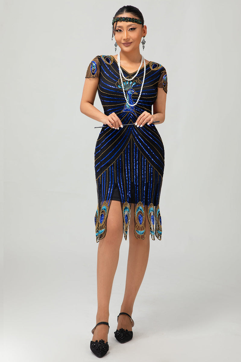Load image into Gallery viewer, Sparkly Black Blue Bodycon Sequins Short 1920s Dress with Sleeves