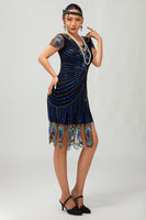Load image into Gallery viewer, Sparkly Black Blue Bodycon Sequins Short 1920s Dress with Sleeves