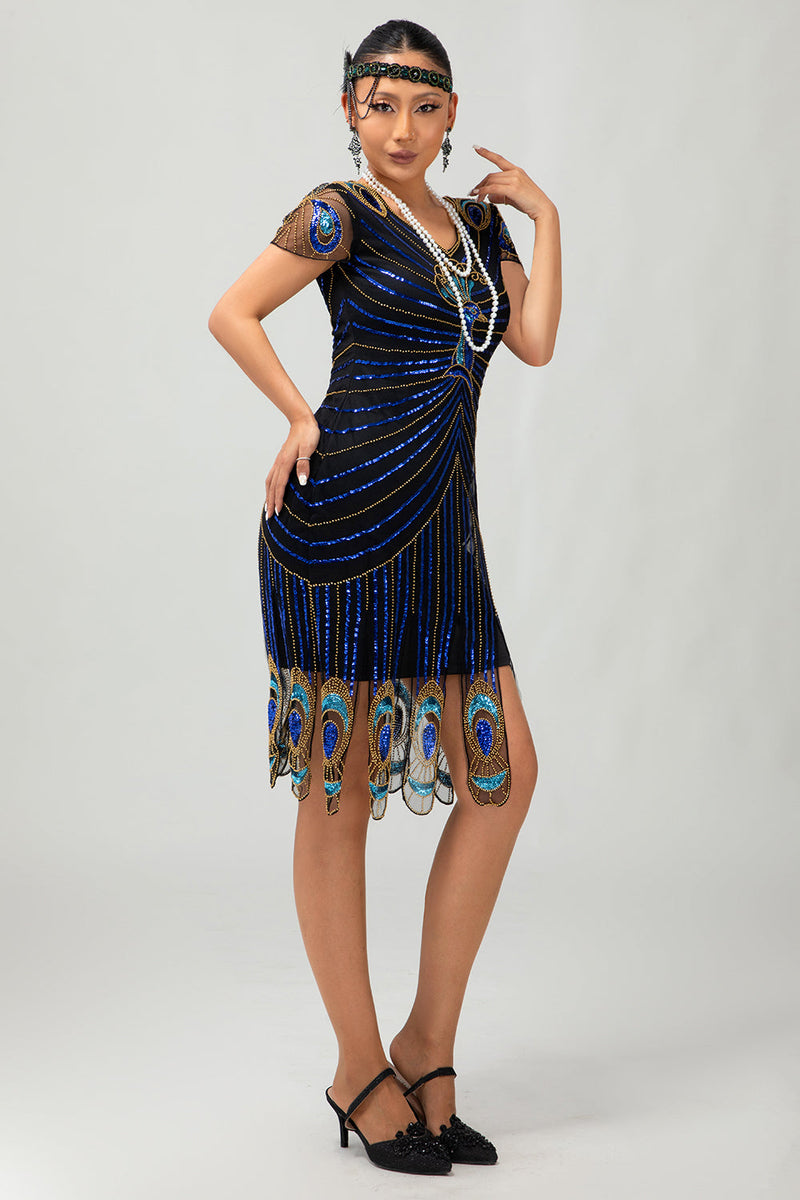 Load image into Gallery viewer, Sparkly Black Blue Bodycon Sequins Short 1920s Dress with Sleeves