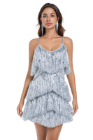 Load image into Gallery viewer, Sparkly Golden Tight Tiered Short Prom Dress with Fringes