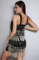 Load image into Gallery viewer, Sparkly Black and Silver Tiered Short Prom Dress with Fringes