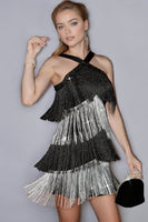Load image into Gallery viewer, Sparkly Black and Silver Tiered Short Prom Dress with Fringes