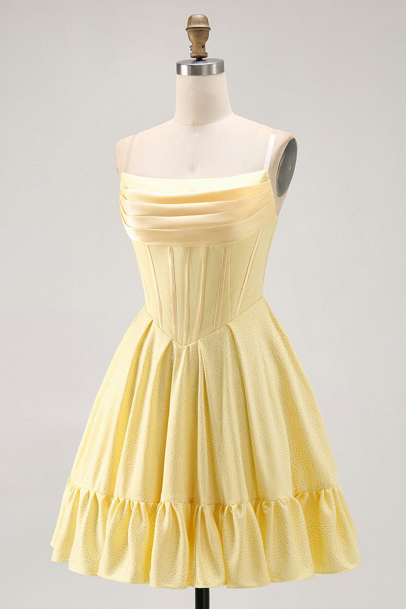 Load image into Gallery viewer, Sparkly Yellow A Line Short Corset Prom Dress with Beading