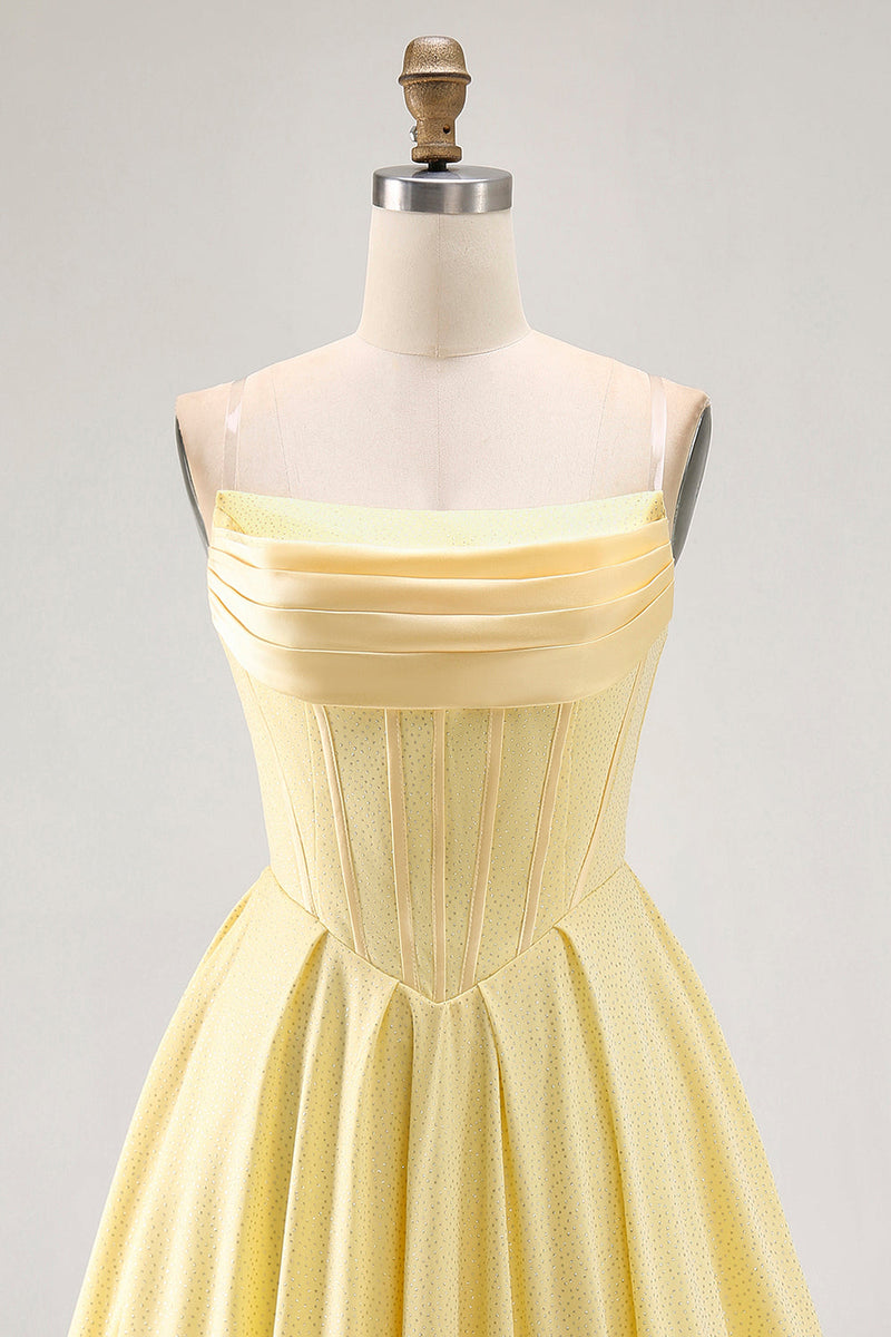 Load image into Gallery viewer, Sparkly Yellow A Line Short Corset Prom Dress with Beading