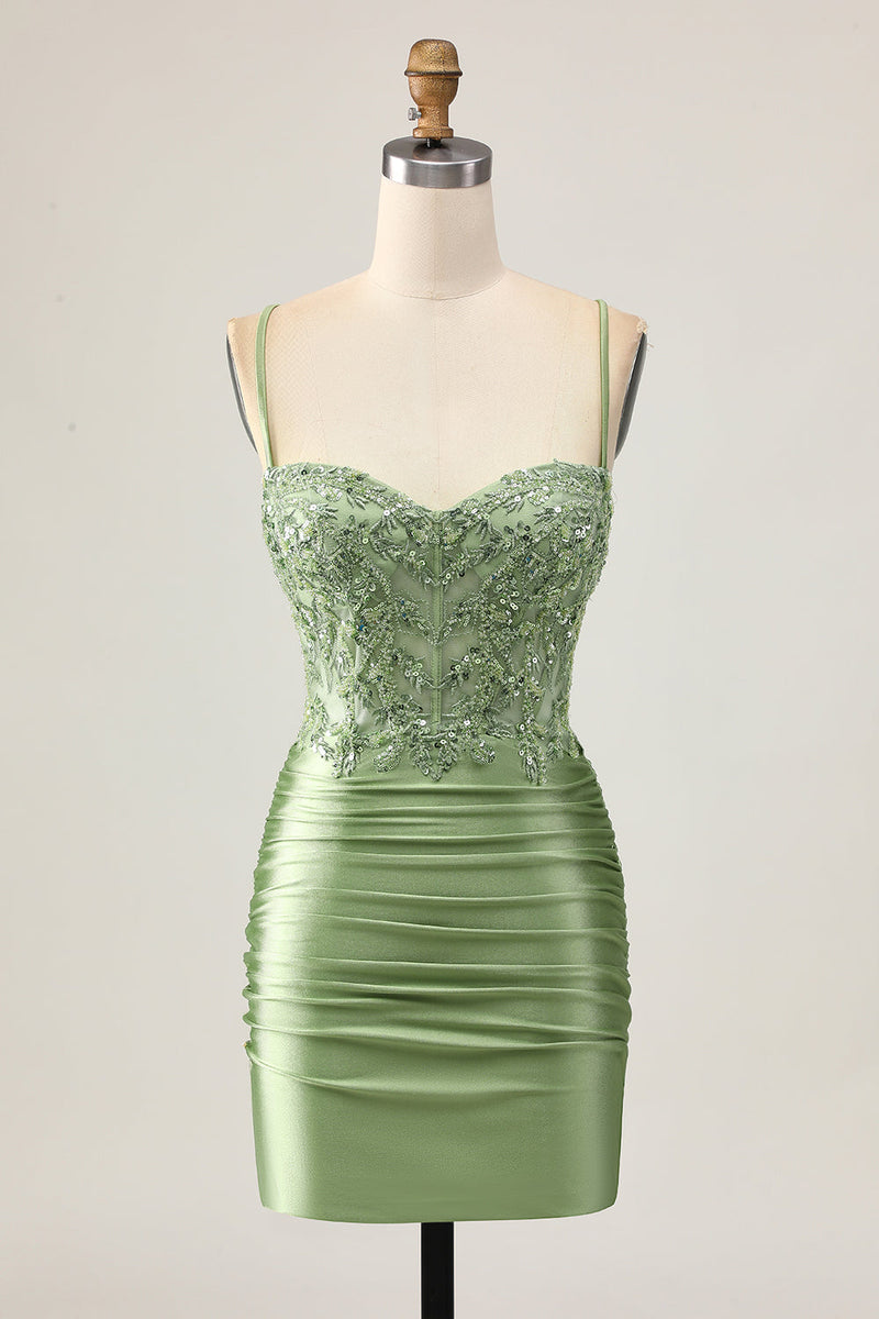 Load image into Gallery viewer, Sparkly Sage Green Short Tight Corset Prom Dress with Appliques