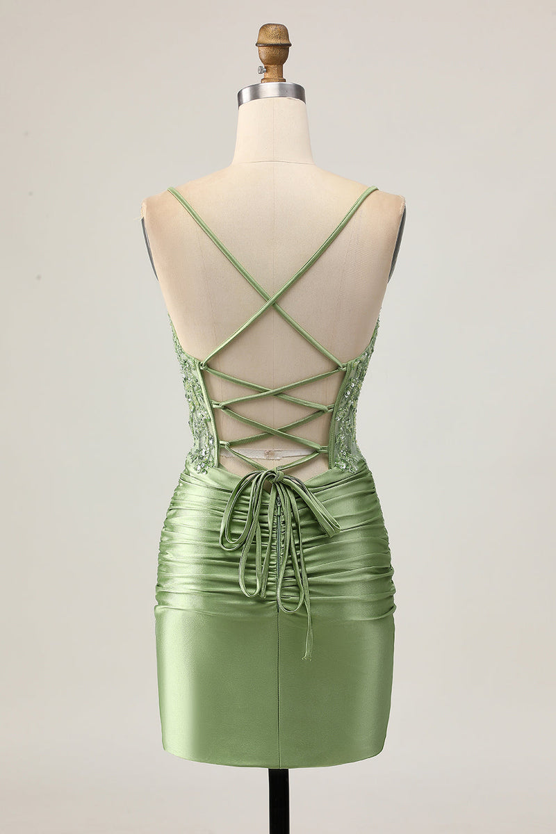 Load image into Gallery viewer, Sparkly Sage Green Short Tight Corset Prom Dress with Appliques