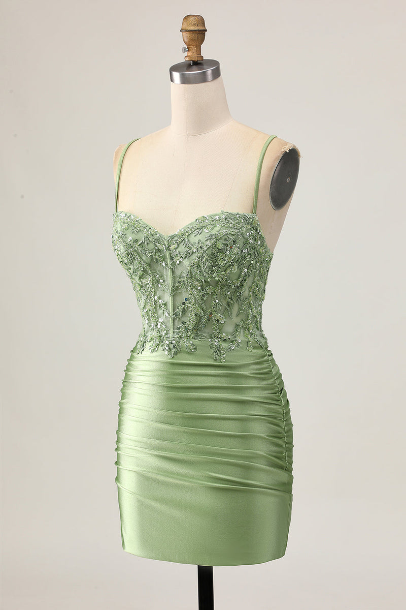 Load image into Gallery viewer, Sparkly Sage Green Short Tight Corset Prom Dress with Appliques
