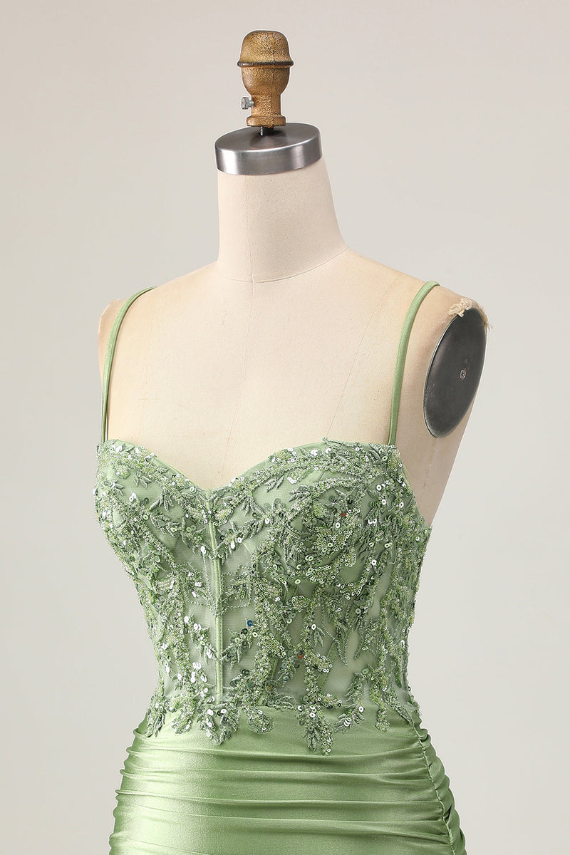 Load image into Gallery viewer, Sparkly Sage Green Short Tight Corset Prom Dress with Appliques