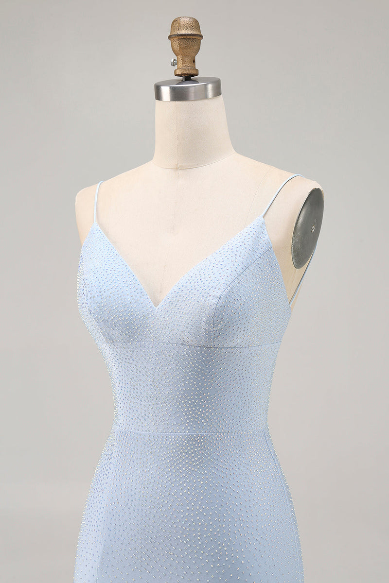 Load image into Gallery viewer, Sparkly Blue Tight Backless Short Prom Dress with Beading