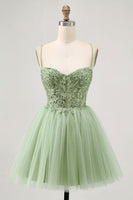 Load image into Gallery viewer, Sparkly Green A Line Short Corset Prom Dress with Beading