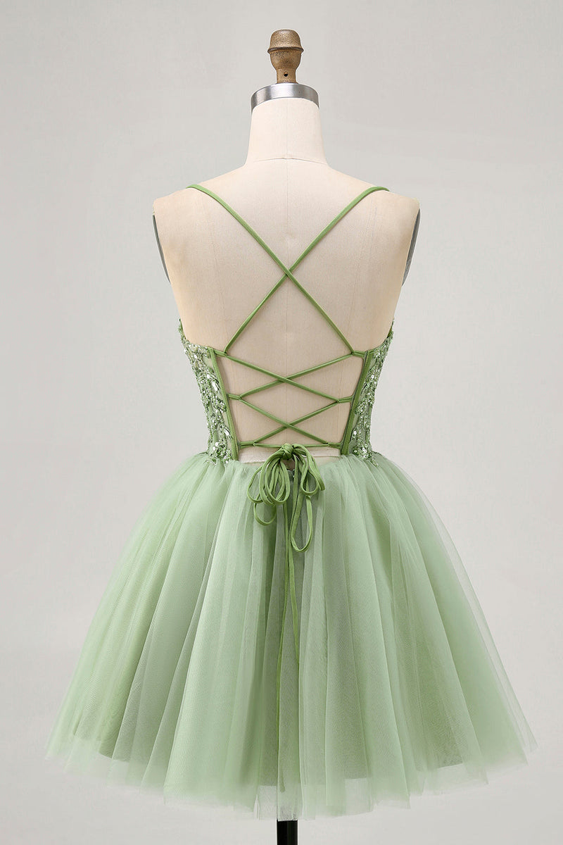 Load image into Gallery viewer, Sparkly Green A Line Short Corset Prom Dress with Beading