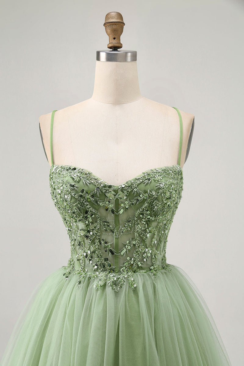 Load image into Gallery viewer, Sparkly Green A Line Short Corset Prom Dress with Beading