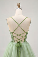 Load image into Gallery viewer, Sparkly Green A Line Short Corset Prom Dress with Beading