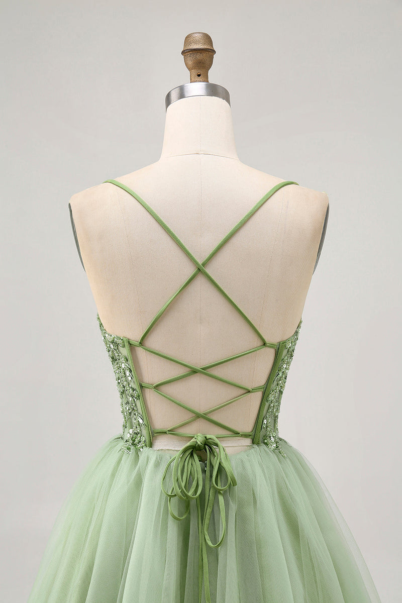 Load image into Gallery viewer, Sparkly Green A Line Short Corset Prom Dress with Beading