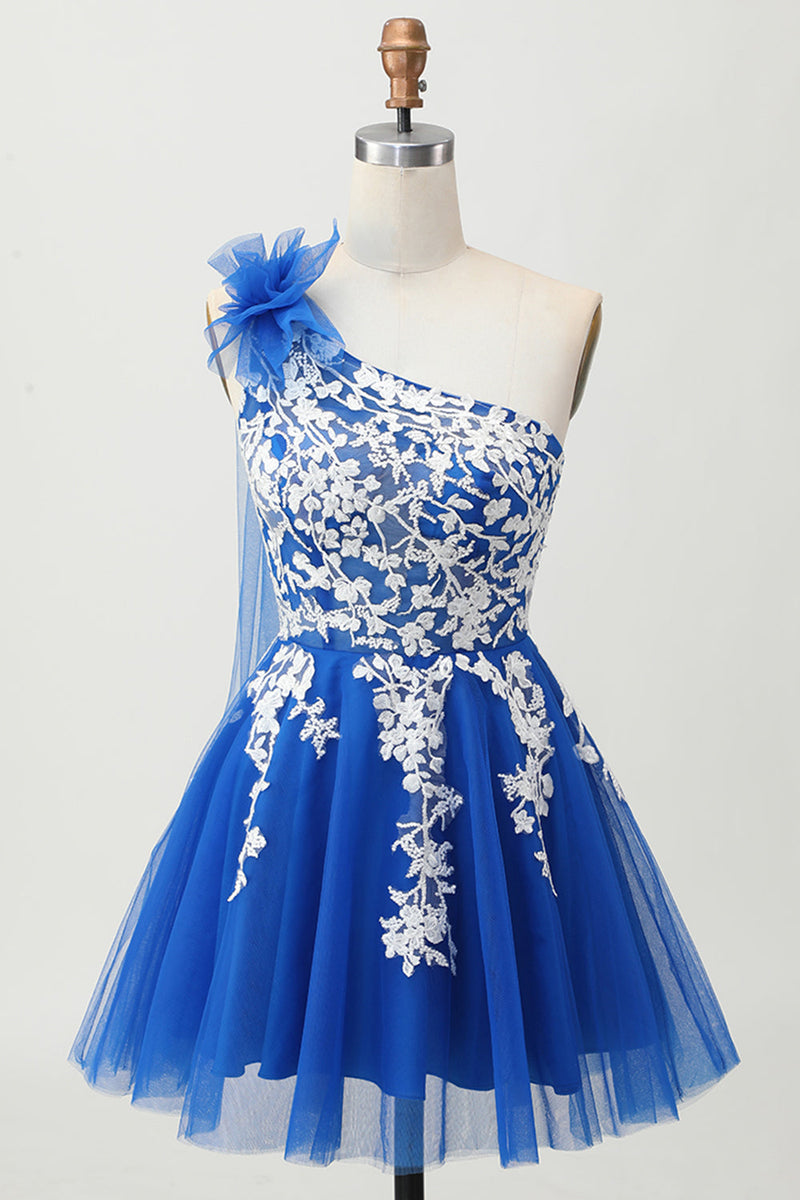 Load image into Gallery viewer, Royal Blue One Shoulder Tulle Short Prom Dress with 3D Flower