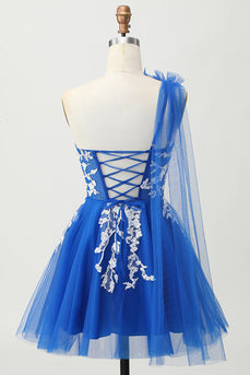 Royal Blue One Shoulder Tulle Short Prom Dress with 3D Flower