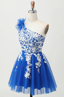 Load image into Gallery viewer, Royal Blue One Shoulder Tulle Short Prom Dress with 3D Flower