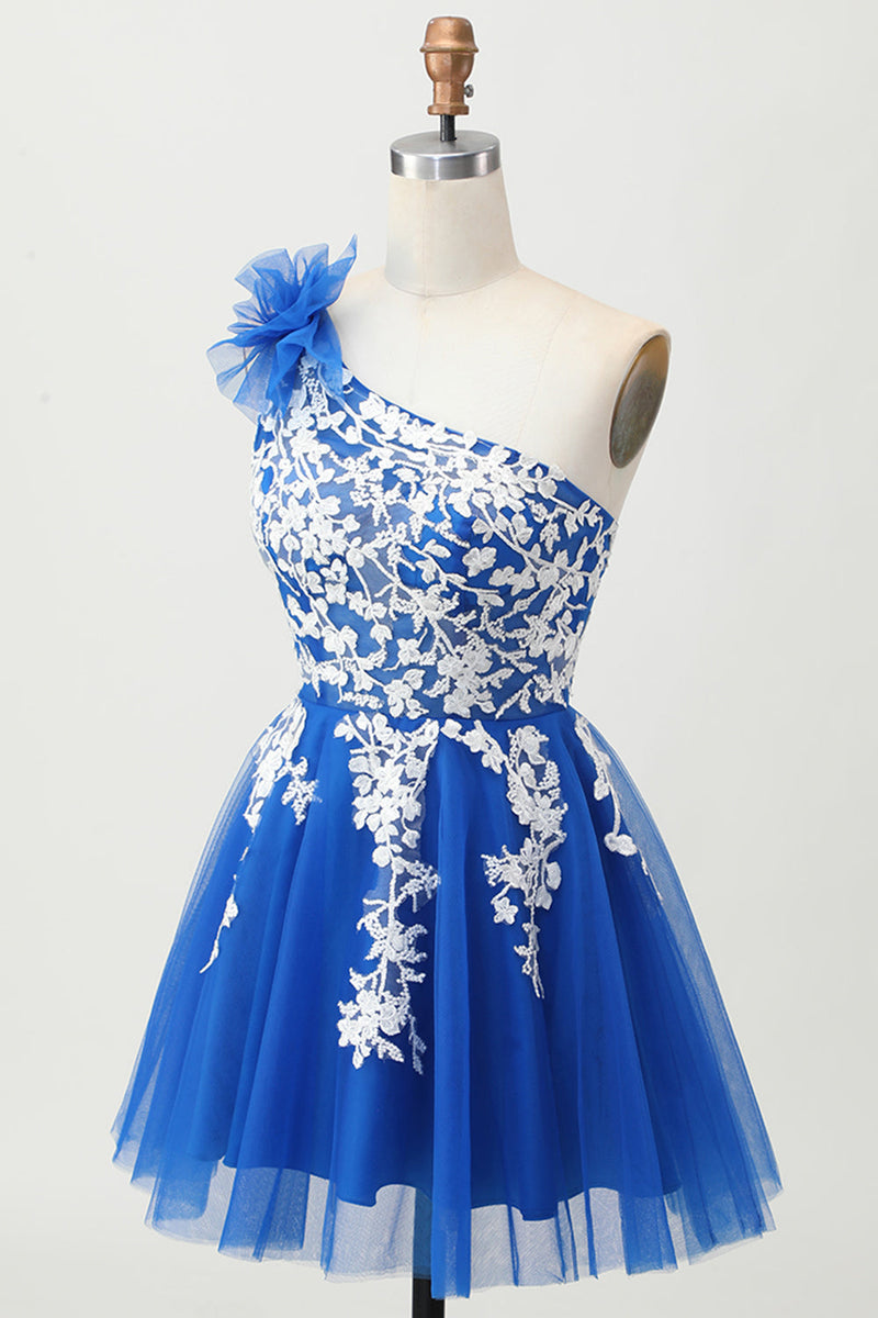 Load image into Gallery viewer, Royal Blue One Shoulder Tulle Short Prom Dress with 3D Flower