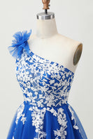 Load image into Gallery viewer, Royal Blue One Shoulder Tulle Short Prom Dress with 3D Flower