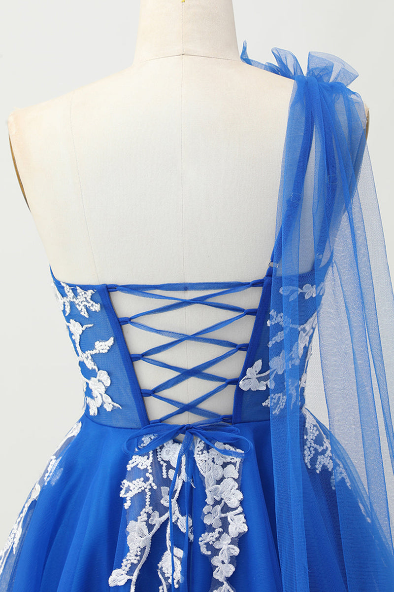 Load image into Gallery viewer, Royal Blue One Shoulder Tulle Short Prom Dress with 3D Flower