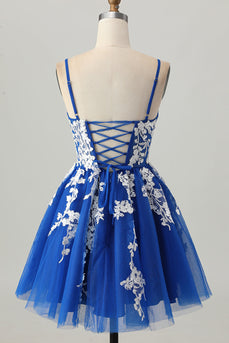 Royal Blue A Line Tulle Short Prom Dress with Appliques