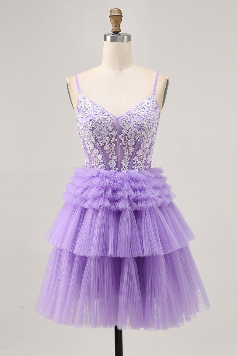 Load image into Gallery viewer, Sparkly Lavender Corset Floral Short Prom Dress with Ruffles