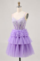 Load image into Gallery viewer, Sparkly Lavender Corset Floral Short Prom Dress with Ruffles