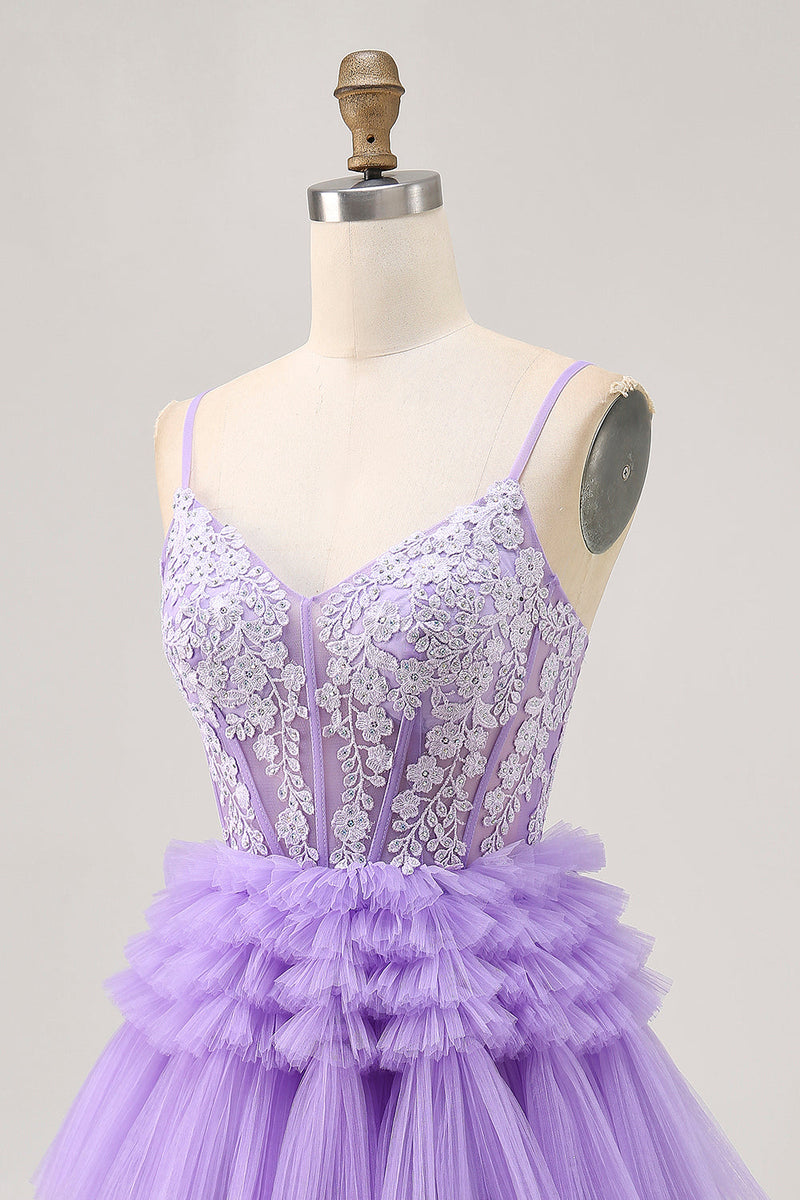 Load image into Gallery viewer, Sparkly Lavender Corset Floral Short Prom Dress with Ruffles