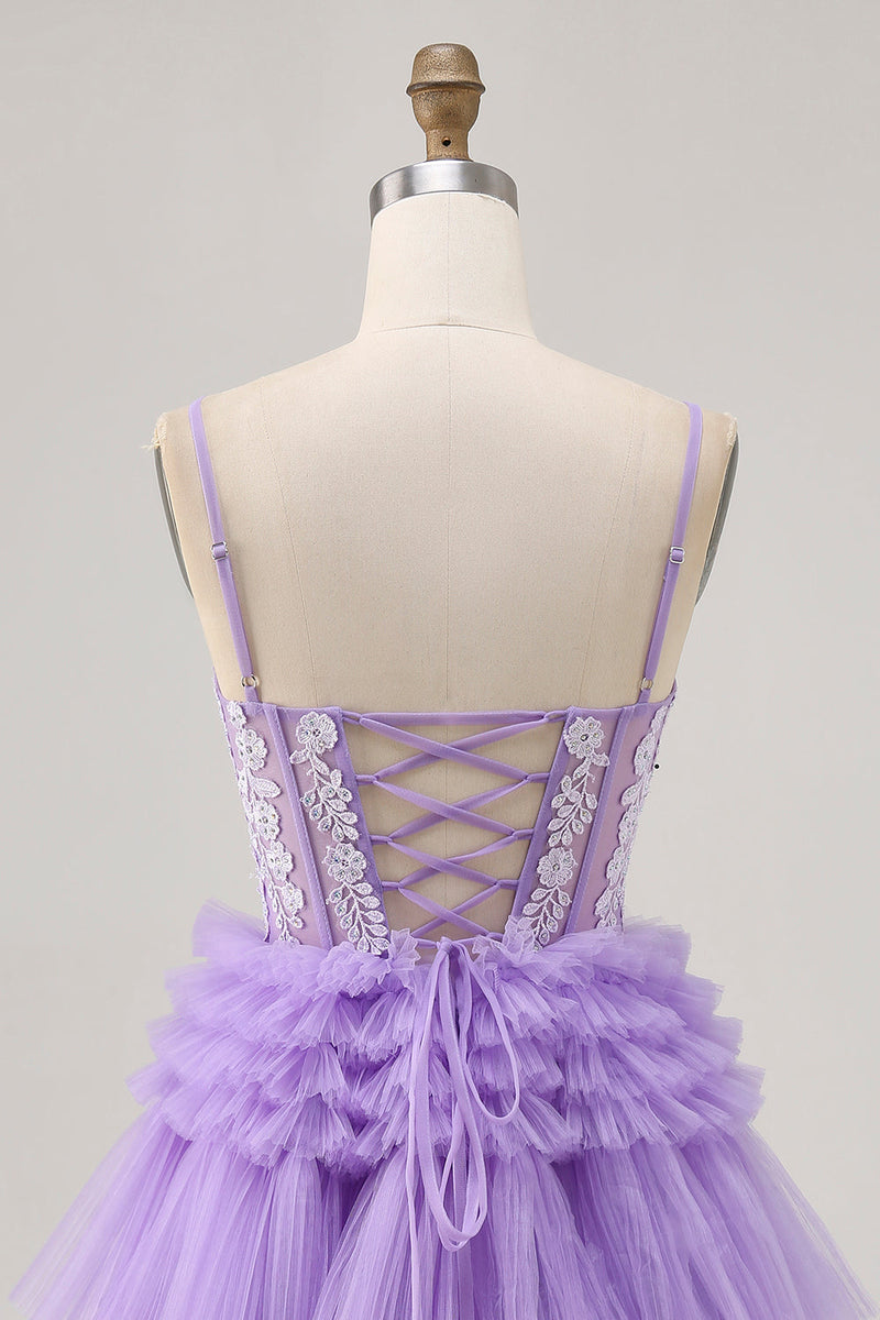 Load image into Gallery viewer, Sparkly Lavender Corset Floral Short Prom Dress with Ruffles