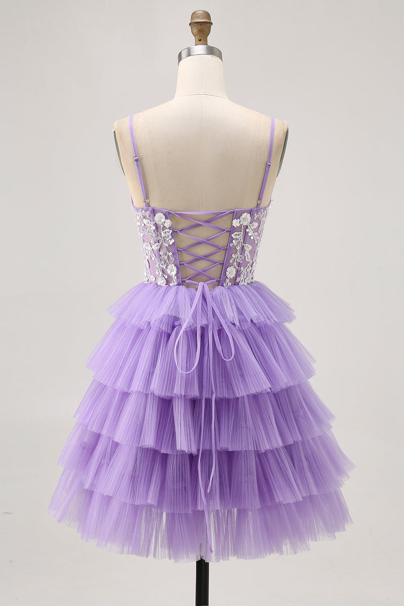 Load image into Gallery viewer, Lavender Floral Short Corset Prom Dress with Ruffles