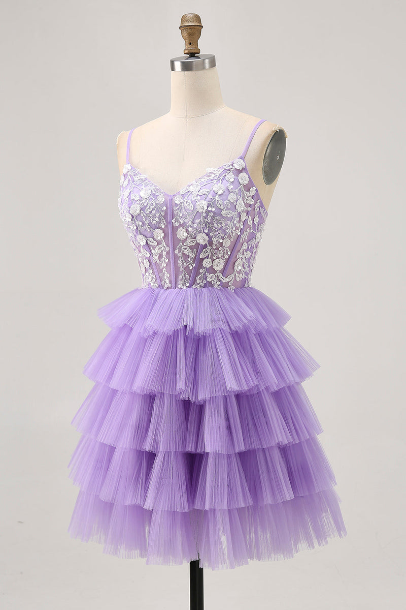 Load image into Gallery viewer, Lavender Floral Short Corset Prom Dress with Ruffles