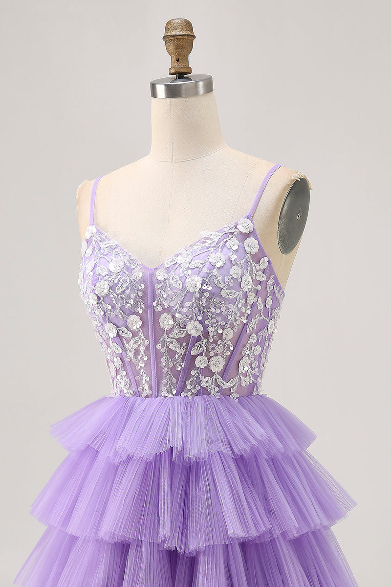 Load image into Gallery viewer, Lavender Floral Short Corset Prom Dress with Ruffles
