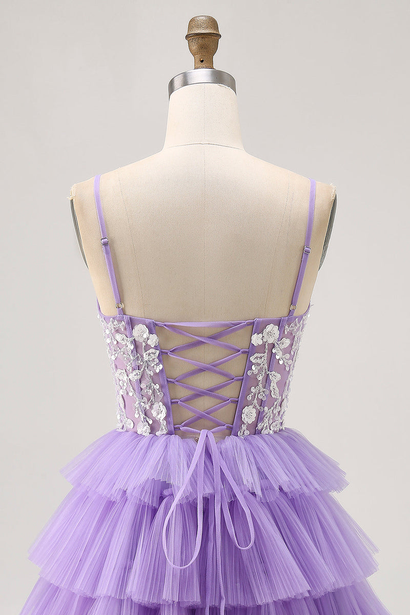Load image into Gallery viewer, Lavender Floral Short Corset Prom Dress with Ruffles