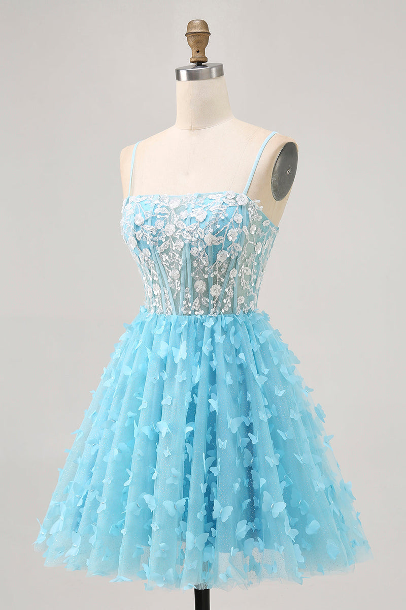 Load image into Gallery viewer, Sparkly Blue Floral Short Corset Prom Dress with Sequins