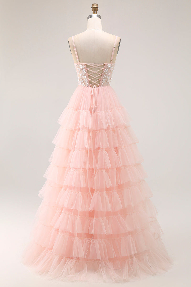 Load image into Gallery viewer, Sparkly Blush Tulle Floral A-Line Ruffled Long Prom Dress with Sequins