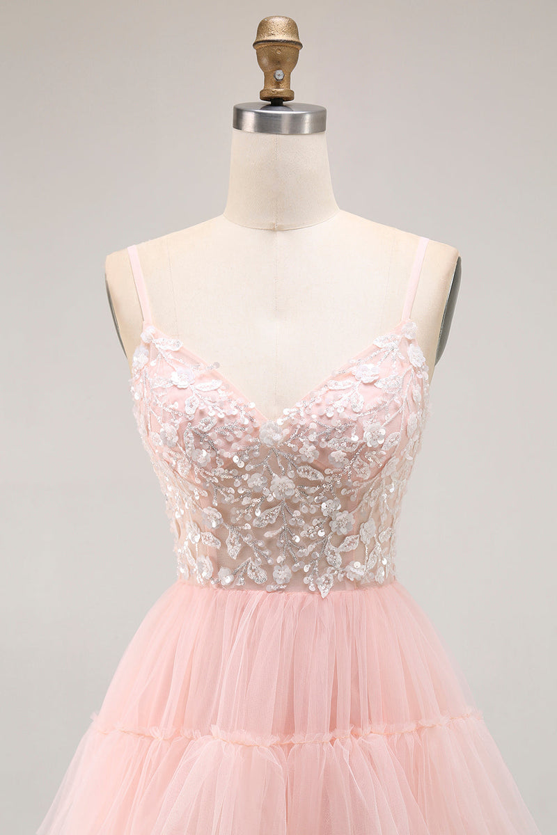 Load image into Gallery viewer, Sparkly Blush Tulle Floral A-Line Ruffled Long Prom Dress with Sequins